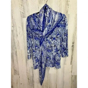 Leggiadro Women's Large (12/14) Blue Geometric 3/4 Sleeve Blouse w/ Silk Scarf